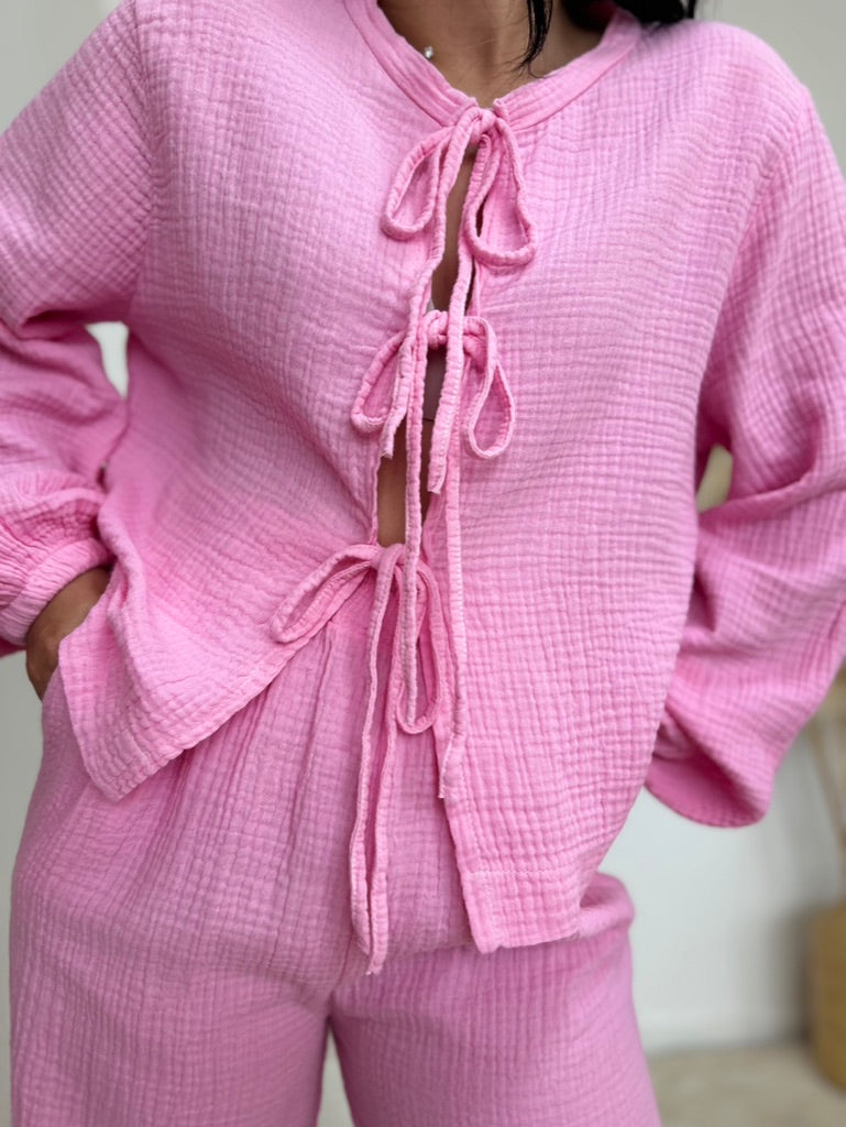 Ensemble gaze de coton noeud rose