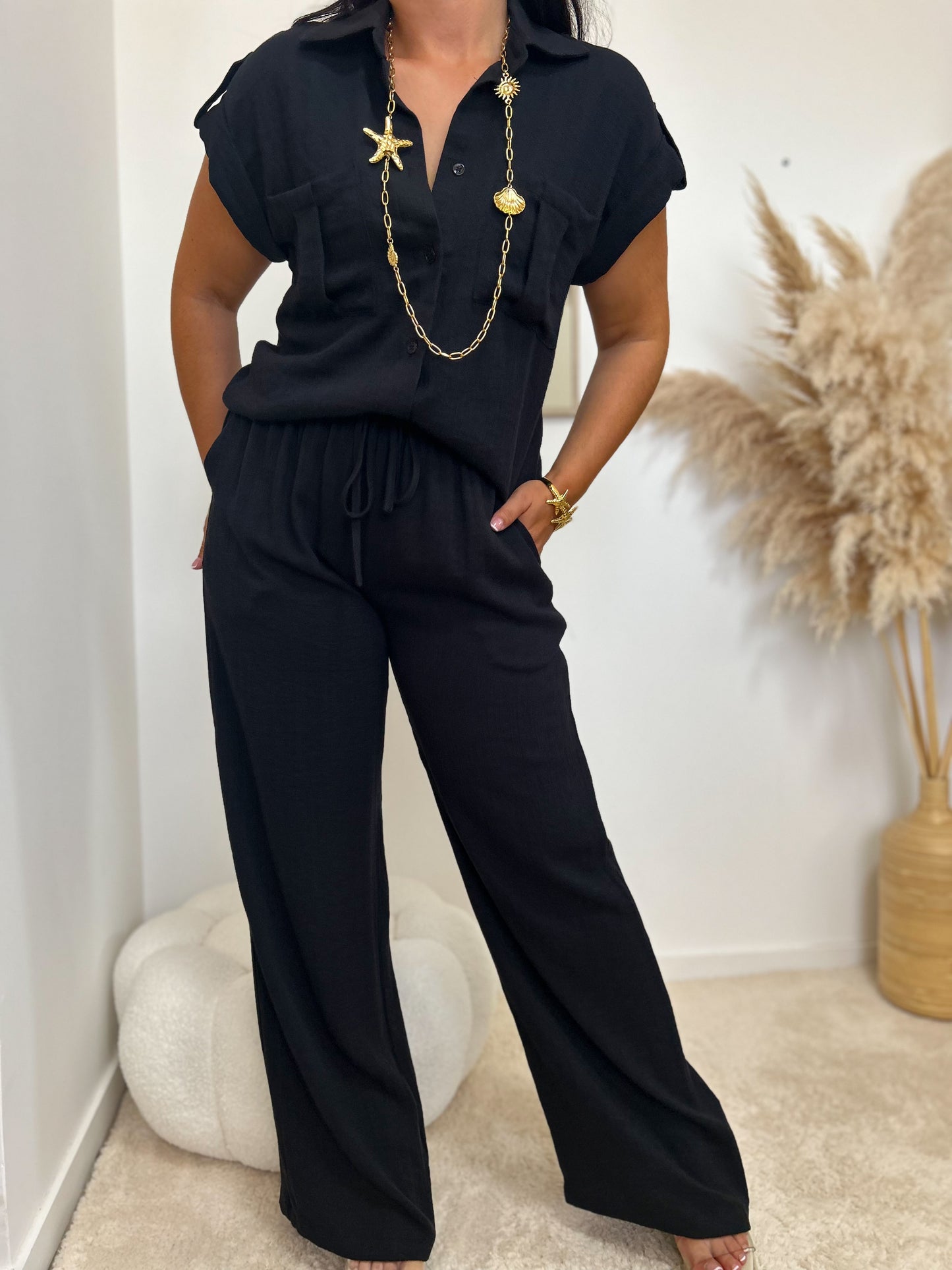 Pantalon effet lin noir