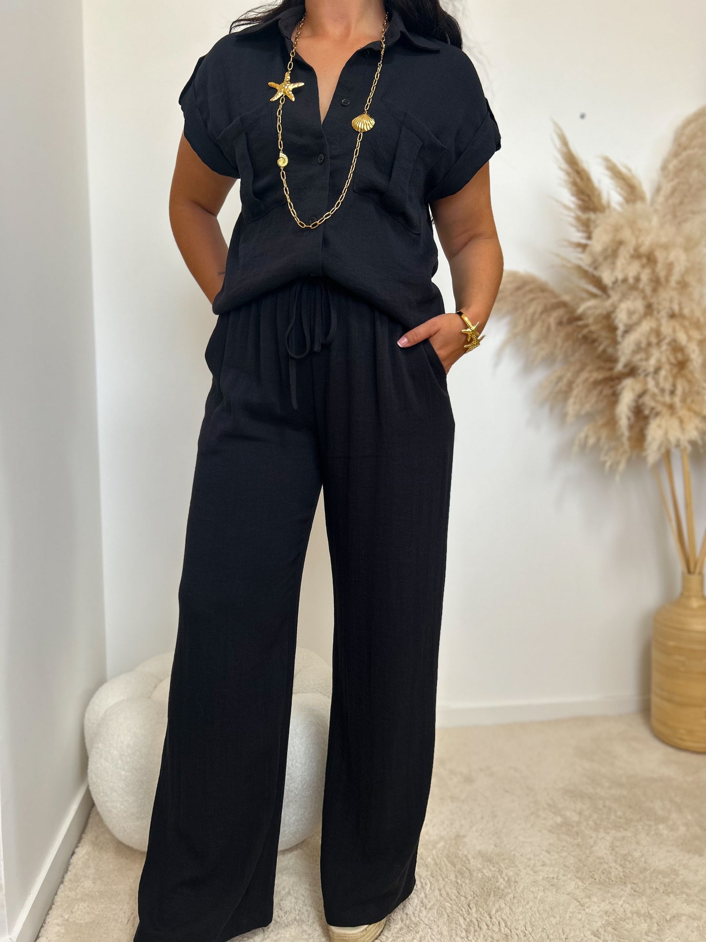 Pantalon effet lin noir
