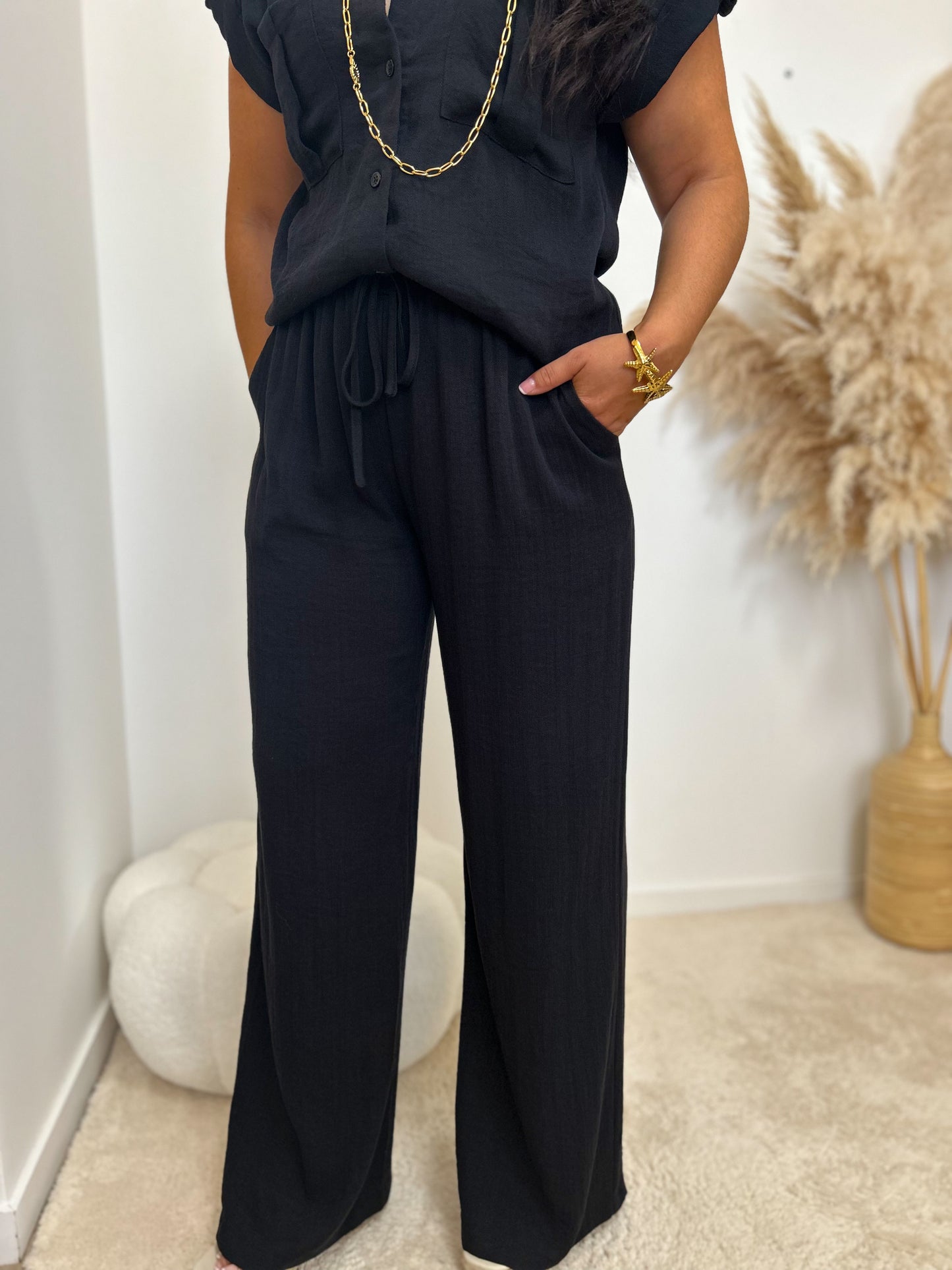 Pantalon effet lin noir